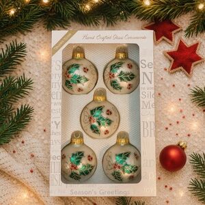 Vintage hand painted glass christmas ornaments, set of 5, in original box, w/r/g